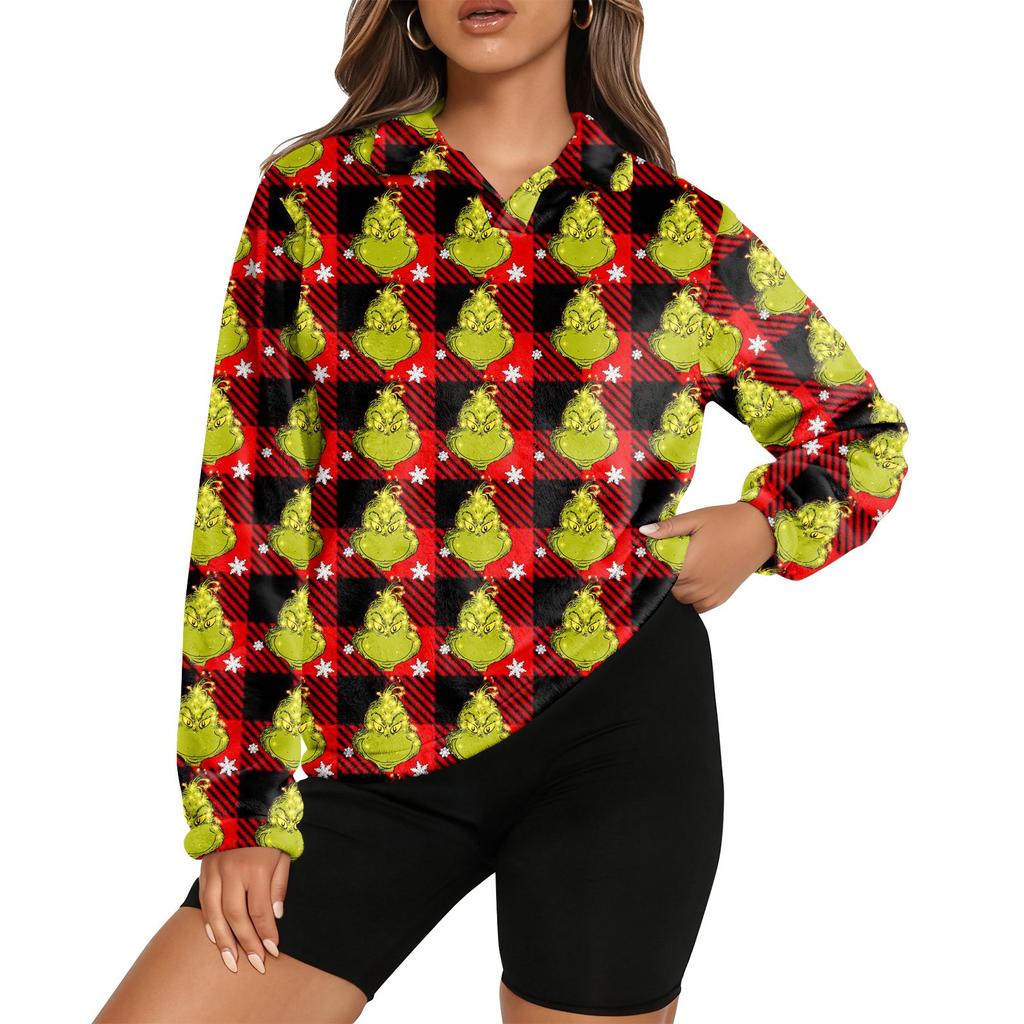Women's Stand Collar Pullover Long Sleeve Top Christmas Print Sports Top