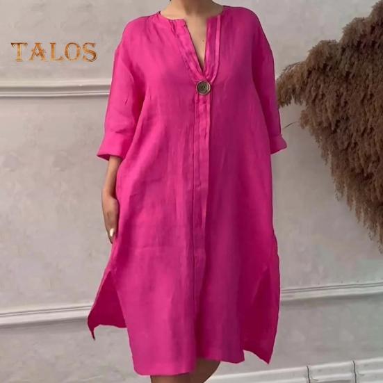 Женское осенне-летнее платье Свободное платье с V-образным вырезом и рукавами три четверти Трапециевидной формы Сплошной цвет с разрезом на пуговицах Декор Повседневная повседневная одежда Платье миди