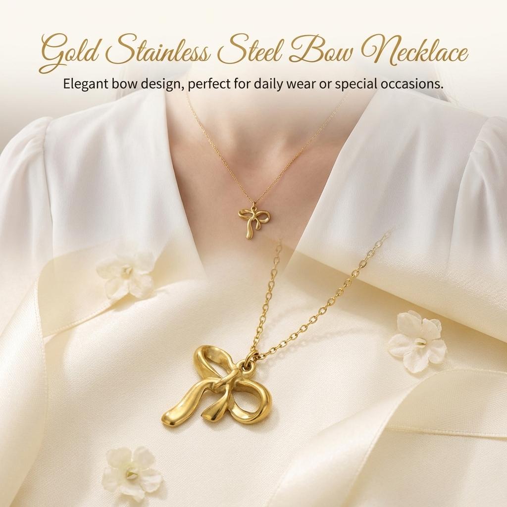 Stainless Steel Pendant Necklace For Women Golden Bowknot Design Hypo-allergenic Jewelry For Sensitive Skin