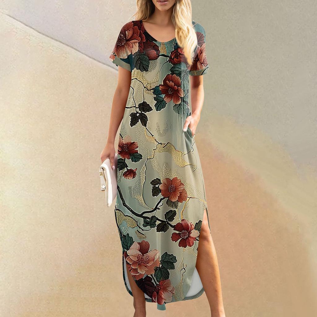 Женские летние повседневные свободные пляжные макси длинные платья с V-образным вырезом и короткими рукавами, модные наряды