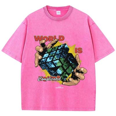 Женские футболки с кислотной стиркой, топы с принтами кубов «Мир сложен», футболки из хлопка оверсайз с круглым вырезом, трендовая женская одежда