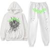 Couple Spider Web Letter Print Hooded Sweatshirt Fleece Track Pants Set Streetwear Teens