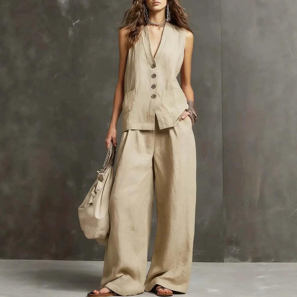 2026 European and American cross-border Amazon new women's sleeveless vest vest wide-leg pants cotton and linen two-piece women's clothing
