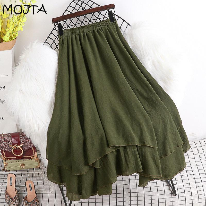 MOJTA Mid-length Skirt Spring Summer Women's Elastic Waist High Waist Skirt A-line Skirt