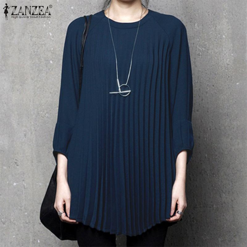 ZANZEA Женская повседневная блузка с длинным рукавом и круглым вырезом, свободная, плиссированная