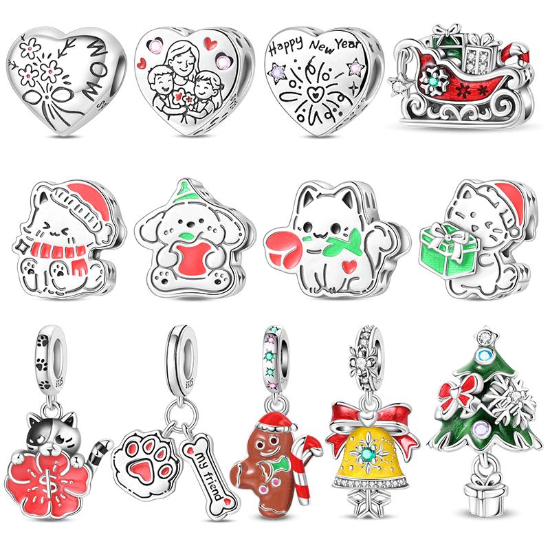 925 Silver Christmas Puppy Cat Charms Sleigh Happy New Year Bead Pendant Fit Original Bracelet Necklace Jewelry Gift
