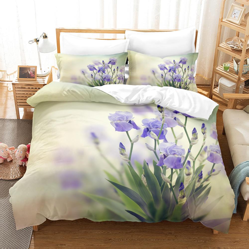 Purple Flowers Duvet Cover Set Polyester Comforter Cover King Queen Size Quilt Cover with Pillowcase for Girls Women Bedding Set