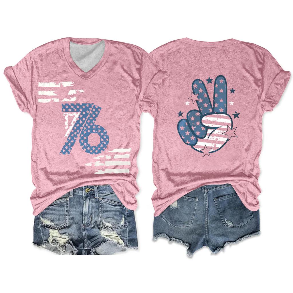 Women'S T-Shirt Casual Loose Printed V-Neck Pullover Short Sleeved Top