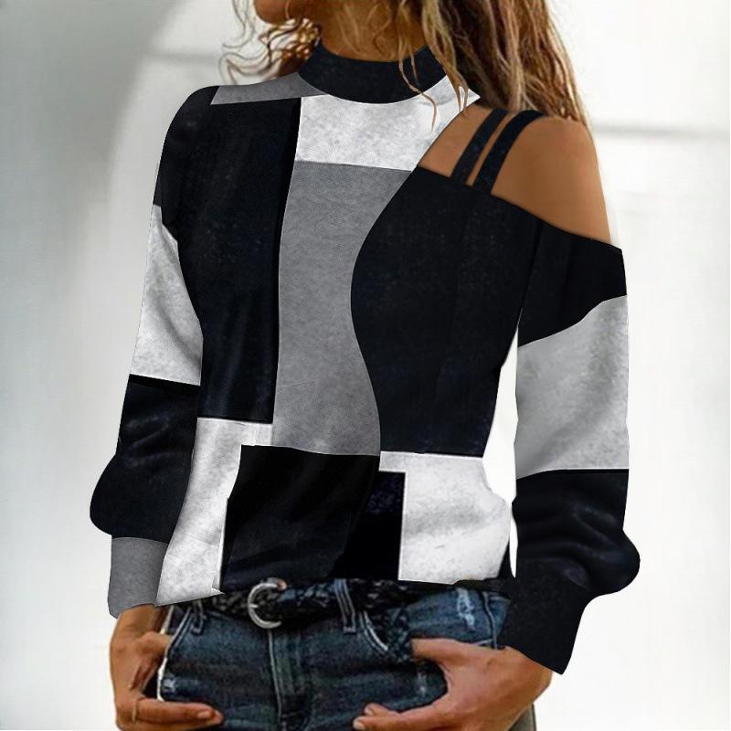 Осенне-зимний женский простой топ без бретелек с геометрическим узором и длинными рукавами в стиле колор-блок
