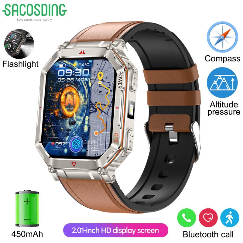 New Smart Watch GPS Sports Men Compass LED Flashlight Altimeter Barometer Bluetooth Call 3ATM Waterproof AMOLED Screen Smartwatch 450mAh