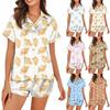 Women's Silk Pajamas Button Home Clothes Star Print Short Sleeve Satin Pajama Set 2 Piece Set