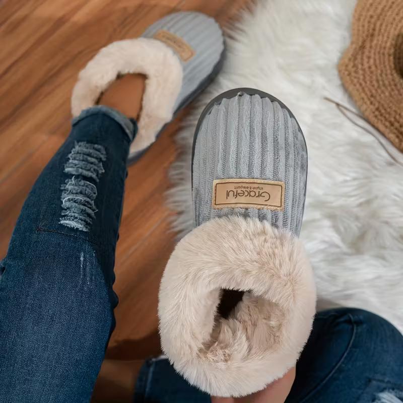 Зимние теплые тапочки на толстой подошве - Нескользящая подошва и мягкая амортизация, Уютные домашние тапочки для помещения/улицы с круглым удобным каблуком
