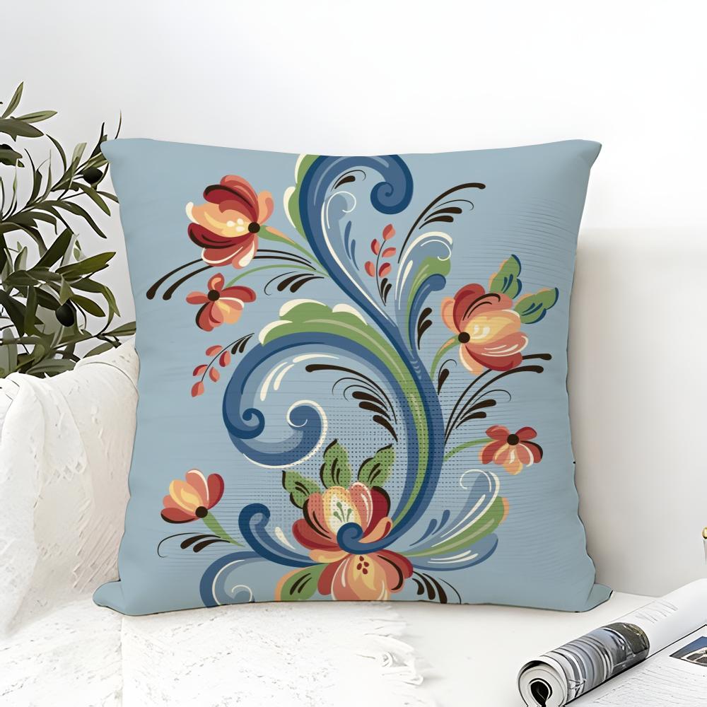 Наволочка в стиле норвежской росписи (Rosemaling) Хлопок и Лен Квадратная Наволочка на Молнии Домашний Декор Гостиная