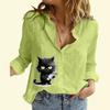 Женская мода хлопок льняная рубашка повседневный тонкий длинный рукав топ дамы кошачий принт застегивающаяся блузка
