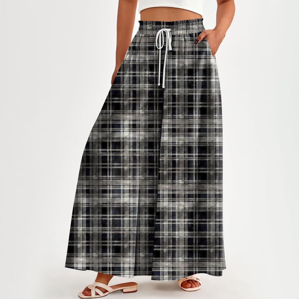 Женские брюки с высокой талией, широкие, повседневные, струящиеся брюки-палаццо, клетчатые брюки с карманом