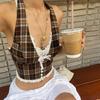 Yousheng Sexy Vest Halter Lace-up Sleeveless Backless Plaid Pattern Tops with Lace Decoration Slim Fit French Style Tops