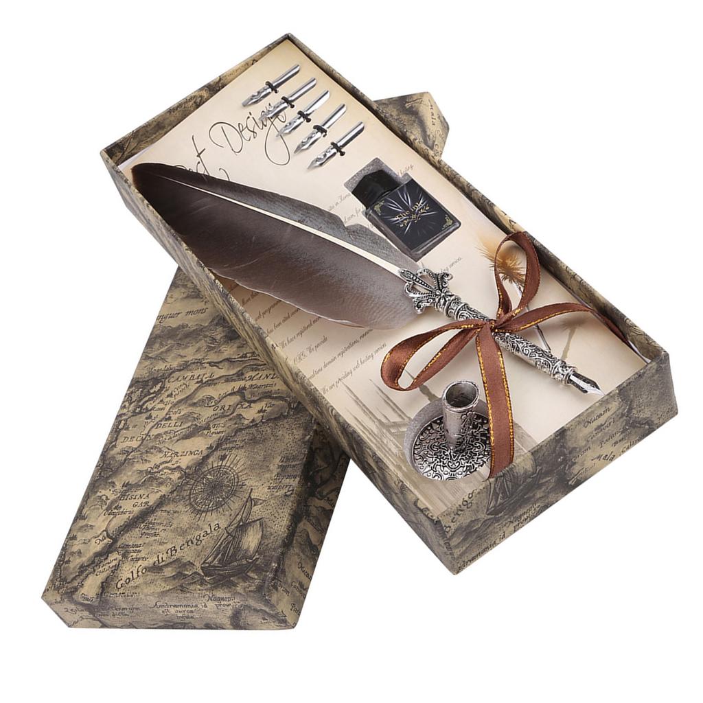 English Calligraphy Feather Dip Quill Pen Writing Ink Set Stationery Gift Box with 5 Nibs