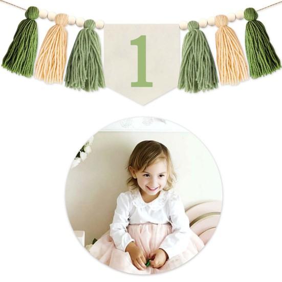 1st Birthday High Chair Banner Decoration Green Tassel Themed Birthday Party Decoration Girl Baby Shower Wall Hanging Banner