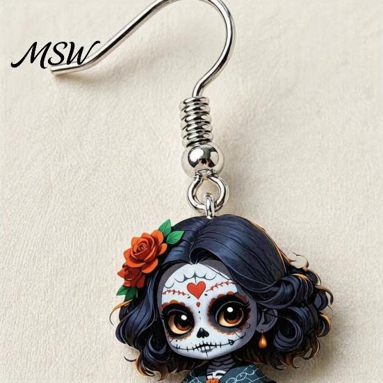 Cartoon Witch Earrings Halloween Earrings, Gothic Drop Lightweight Acrylic Pendant Eye-catching Accessories for Women Girls Day of The Dead Retro Rose