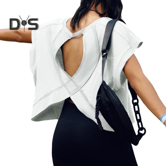 Женская беговая футболка с круглым вырезом и коротким рукавом, открытая спина, спортивный топ свободного кроя, однотонные повседневные топы для спортзала