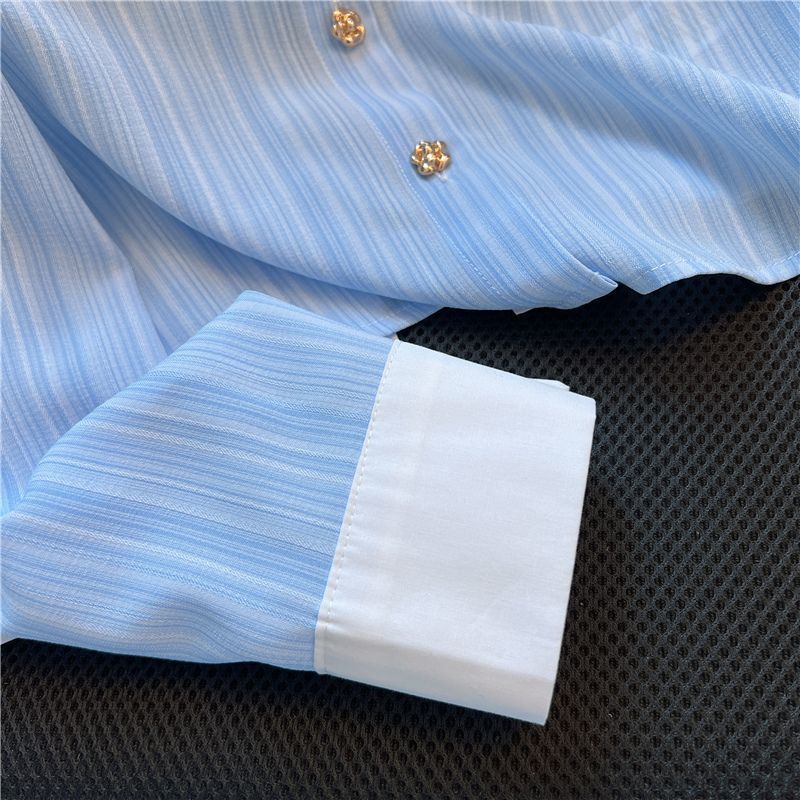 Blue Stripe Women Shirt New French Ladies Blouse Thin Korean Small Fragrance Top Elegant Loose Long Sleeved Blusas