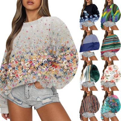 Женская повседневная мода ретро цветочный принт длинный рукав трикотажный спортивный топ свободного кроя