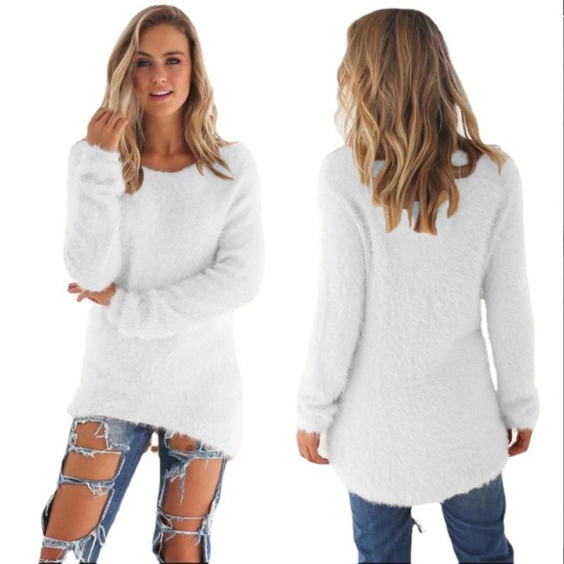 Autumn Winter Women Warm Sweater Solid Color Long Sleeved Sweater Round Neck Loose Cotton Knitted Pullover Long Sweater Casual Oversize Blouse Ladies