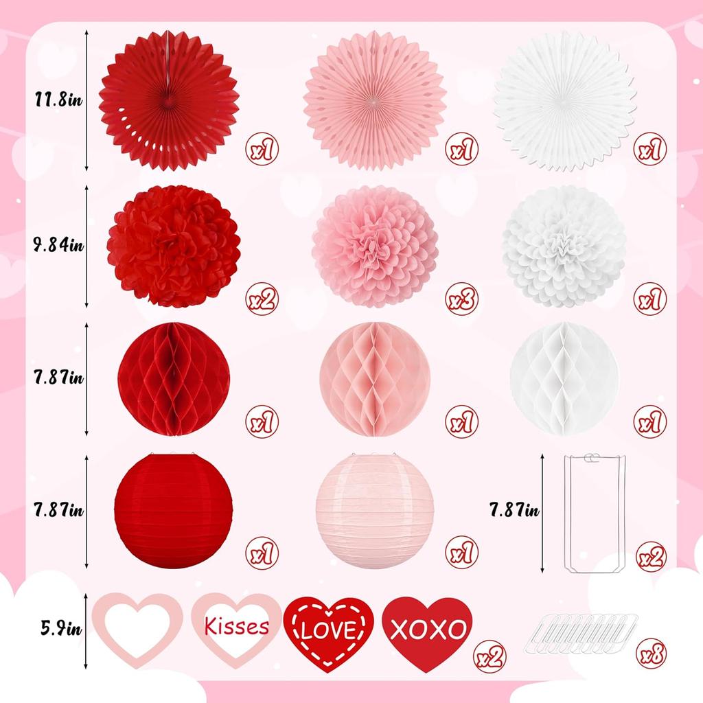 22pcs Valentines Day Party Decorations – Red Pink Paper Fans, Honeycomb Hanging, Tissue Pom Poms Kit for Classroom, Office, Birthday, Galentines