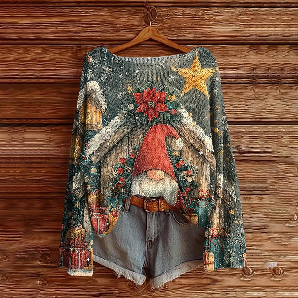 Women's Christmas Print Lightweight Sweater Casual Long Sleeve Knitted Pullover