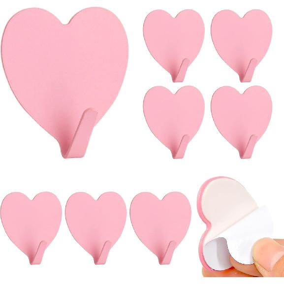 Heart Wall Hooks, 8 Pack, Small Pink Decorative Accessories, Purse Hanger for Girls Room, Stainless Steel, Sturdy Adhesive for Hanging Keys, Bags,