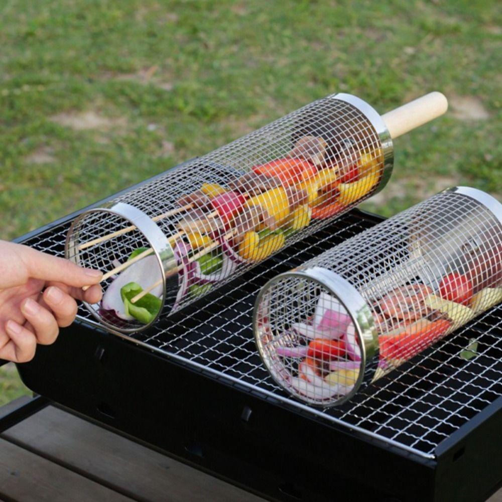 2/3Pcs Set Stainless Steel BBQ Basket Cylinder Barbecue Rack Useful Barbecue Cage for Outdoor