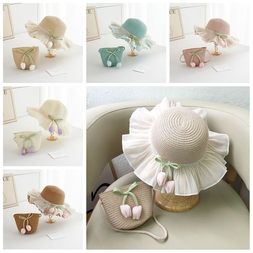 Shading Hat Tulip Straw Sun Hat Korean Style Lace Brim Beach Cap Cute Girls Bucket Hat Kid