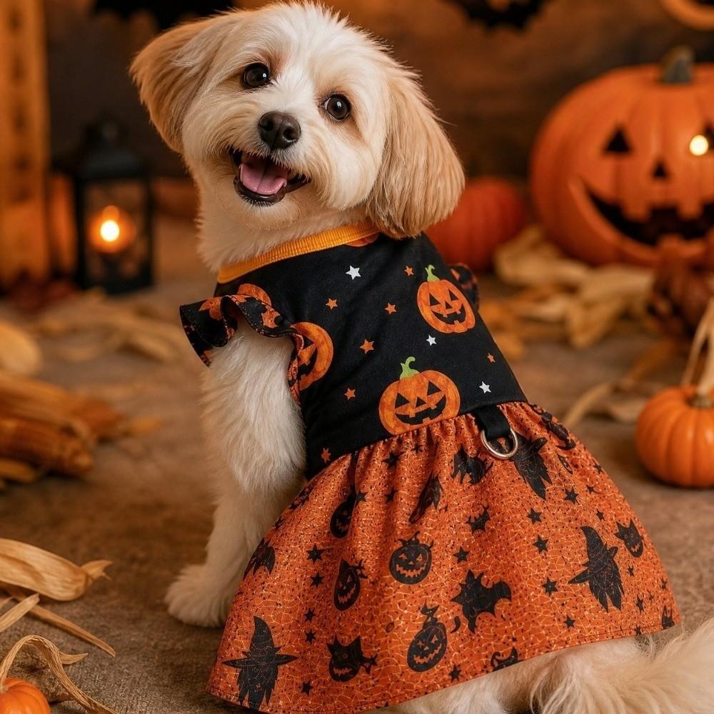 Comfortable Dog Shiny Dress Color-blocking Dog Pumpkin Print Dress Medium Breeds