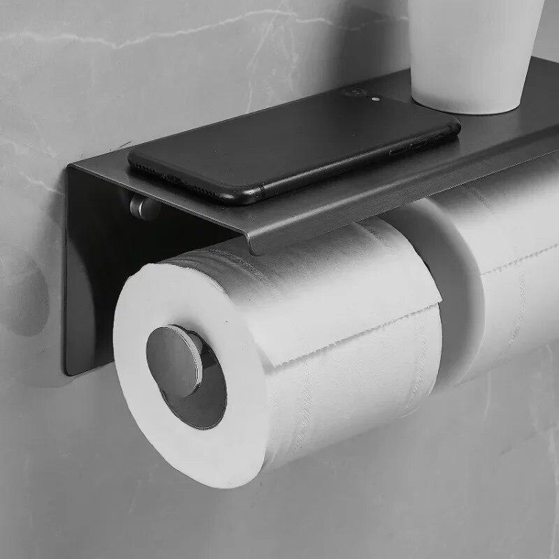 Stainless Steel Double Roll Tissue Holder Bathroom Wall Mounted Toilet Paper Holder Waterproof Space Tissue Storage Rack Shelf