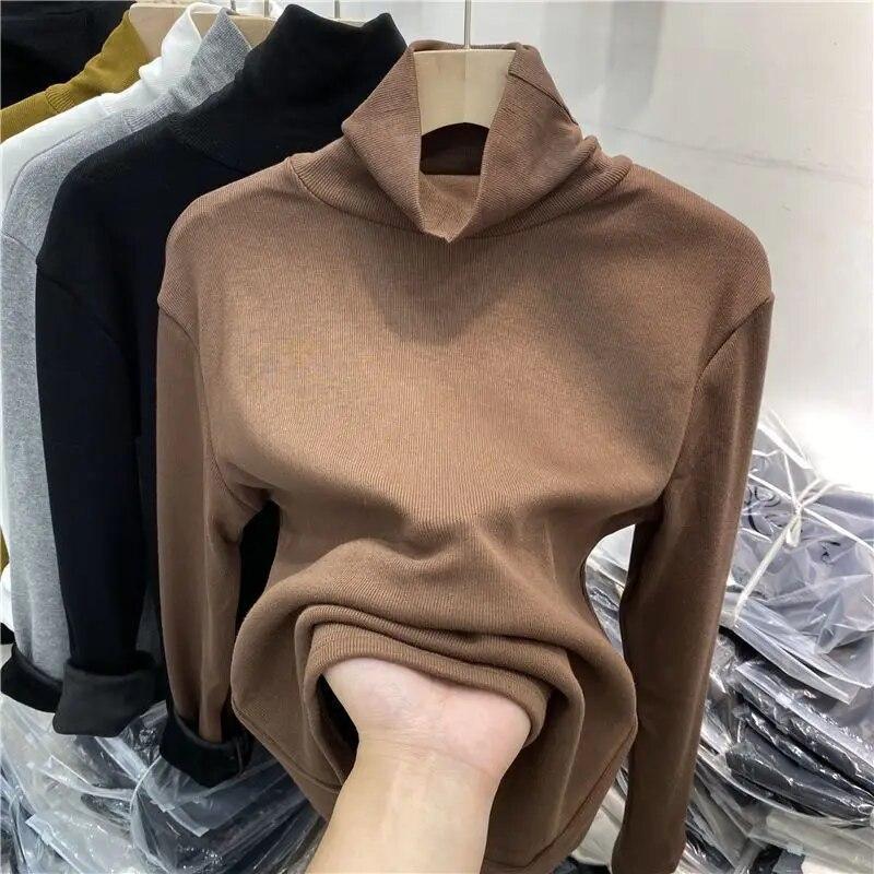 Теплый трикотаж, плюшевая утолщенная водолазка, базовая рубашка, женский пуловер, тонкий топ с длинными рукавами, простой повседневный новый модный осенне-зимний вариант