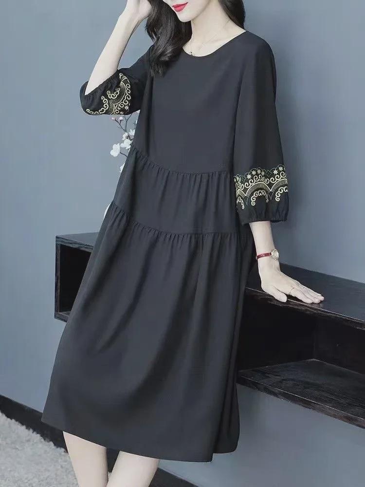 Летнее платье в этническом стиле с вышивкой - Большой размер, свободный крой в стиле ретро