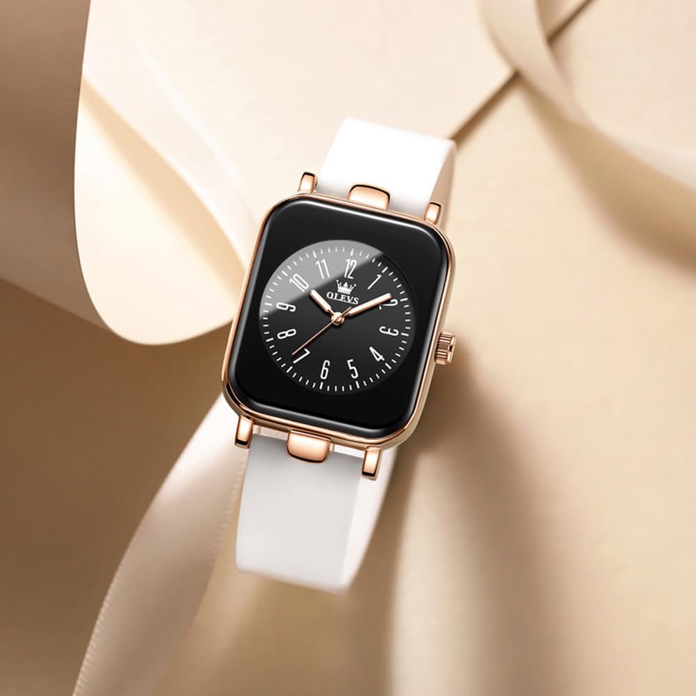 OLEVS Women's Watch, Waterproof, Luminous, Silicone Band, Japan Quartz Movement, white (white silicone strap rose gold case black dial)