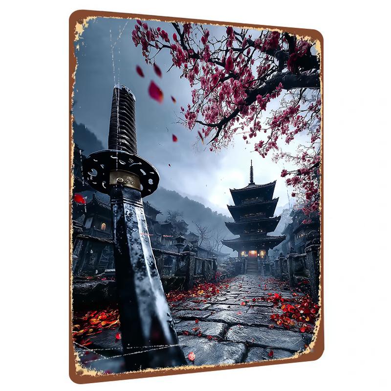 Ancient Japanese Temple Sakura Sword Metal Wall Art Zen Landscape Architecture Decor for Living Room