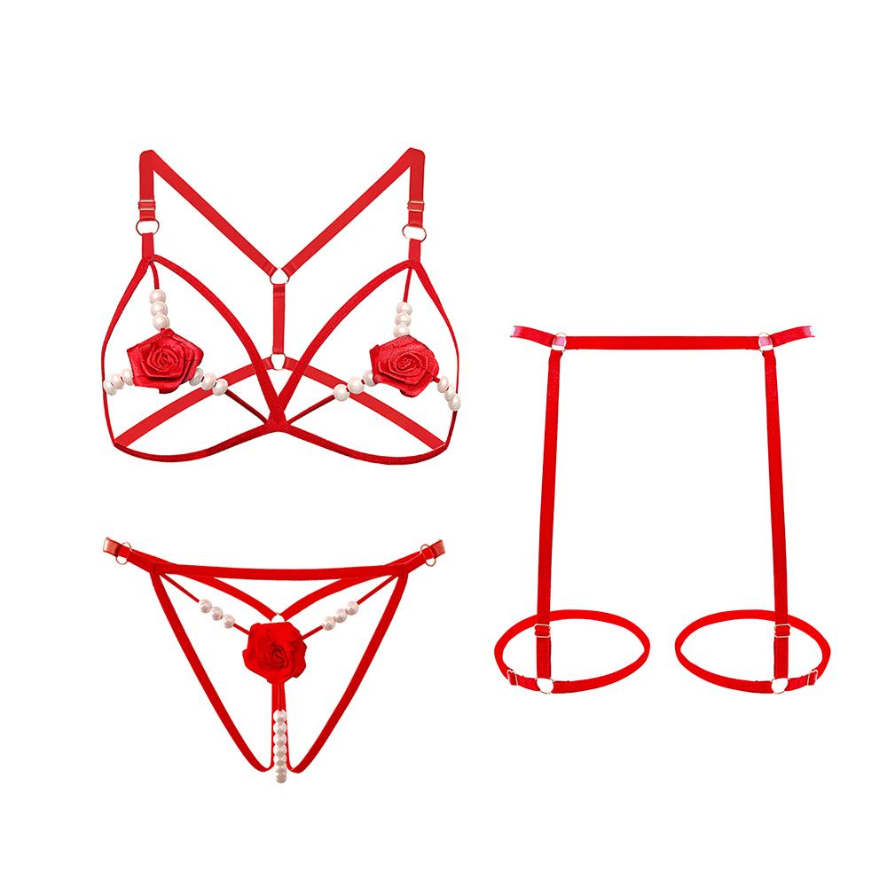 Floral Hollow Out Sexy Lingerie Set for Women Three Pcs Set Erotic Women's Underwear Erotic Outfit Open Bra Bodysuit Temptation