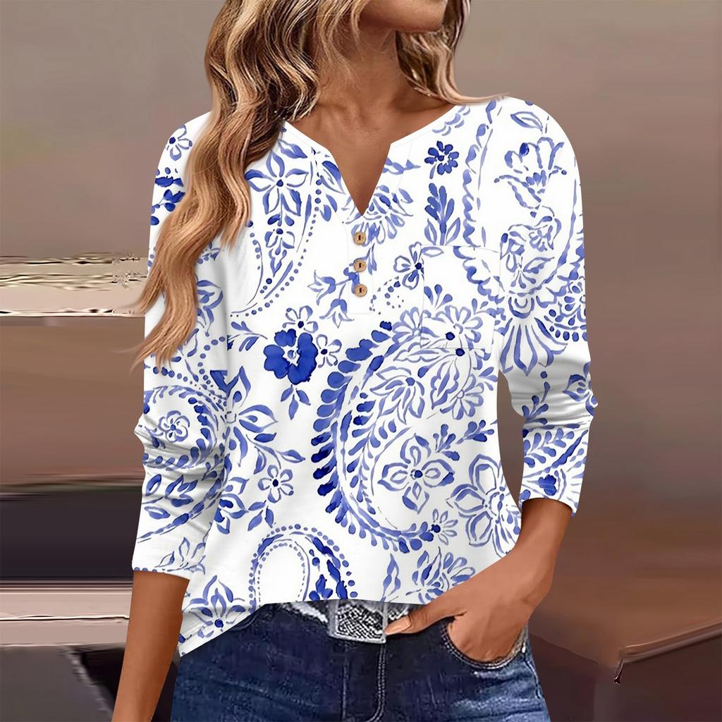 Женская футболка с длинным рукавом на пуговицах, повседневная, выходного дня, модная, базовая, с V-образным вырезом, обычная, с карманом