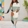 Women Plus Size Abstract Printed Round Neck Long Sleeve Top Fitted Pants Two Piece Set
