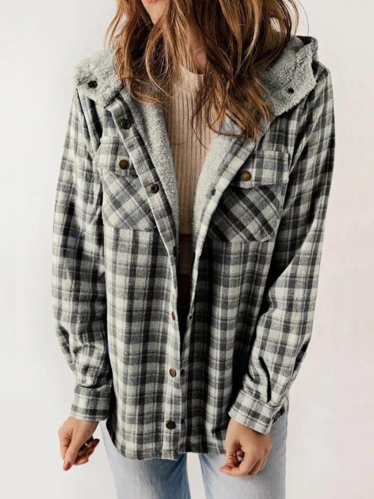 Autumn and Winter Women's Plaid Jacket Long Sleeved Hairy Hooded Jacket with Pockets