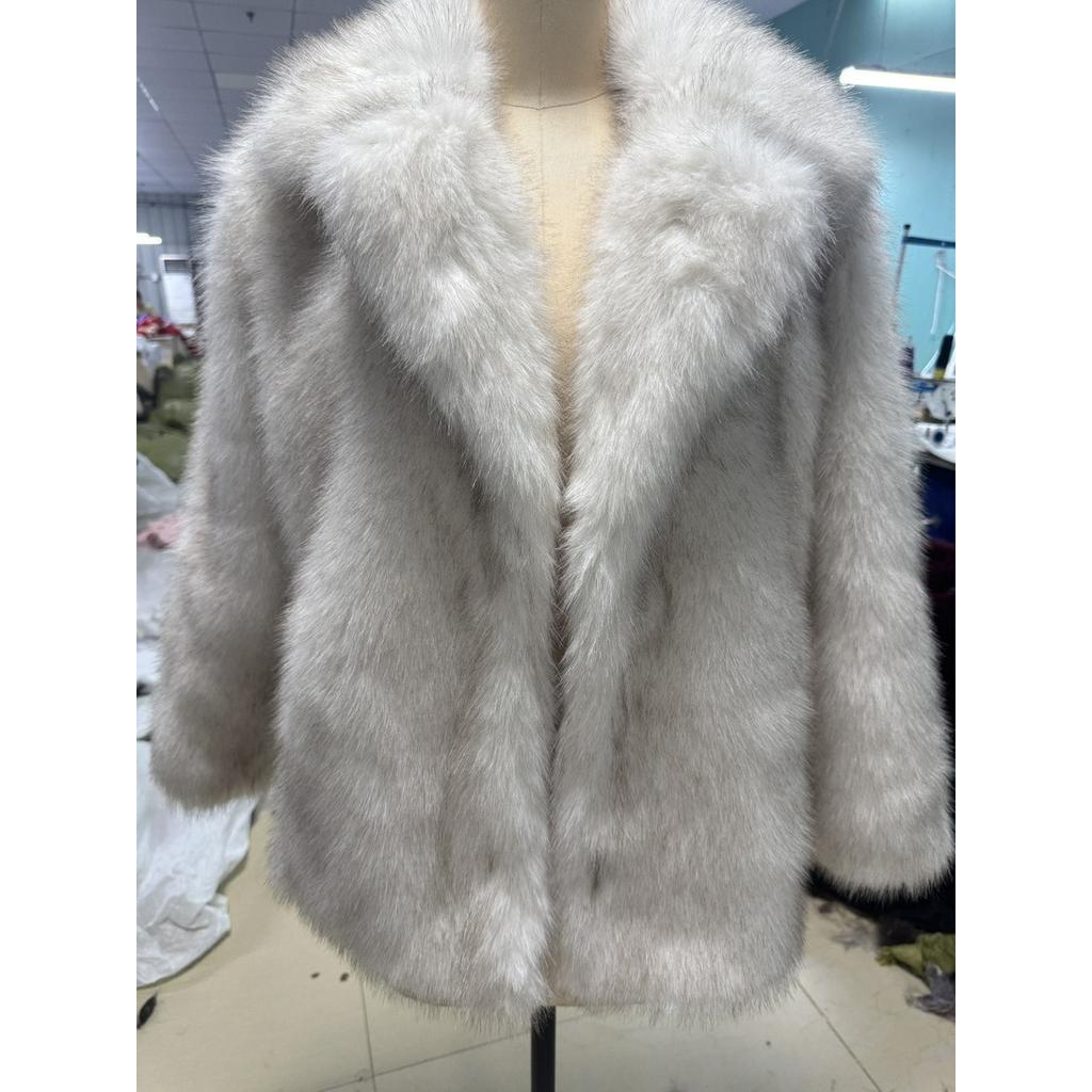 Autumn and Winter Women's White Background and Black Tip Mid-length Suit Jacket Coat Artificial Fur Imitation Leather Jacket