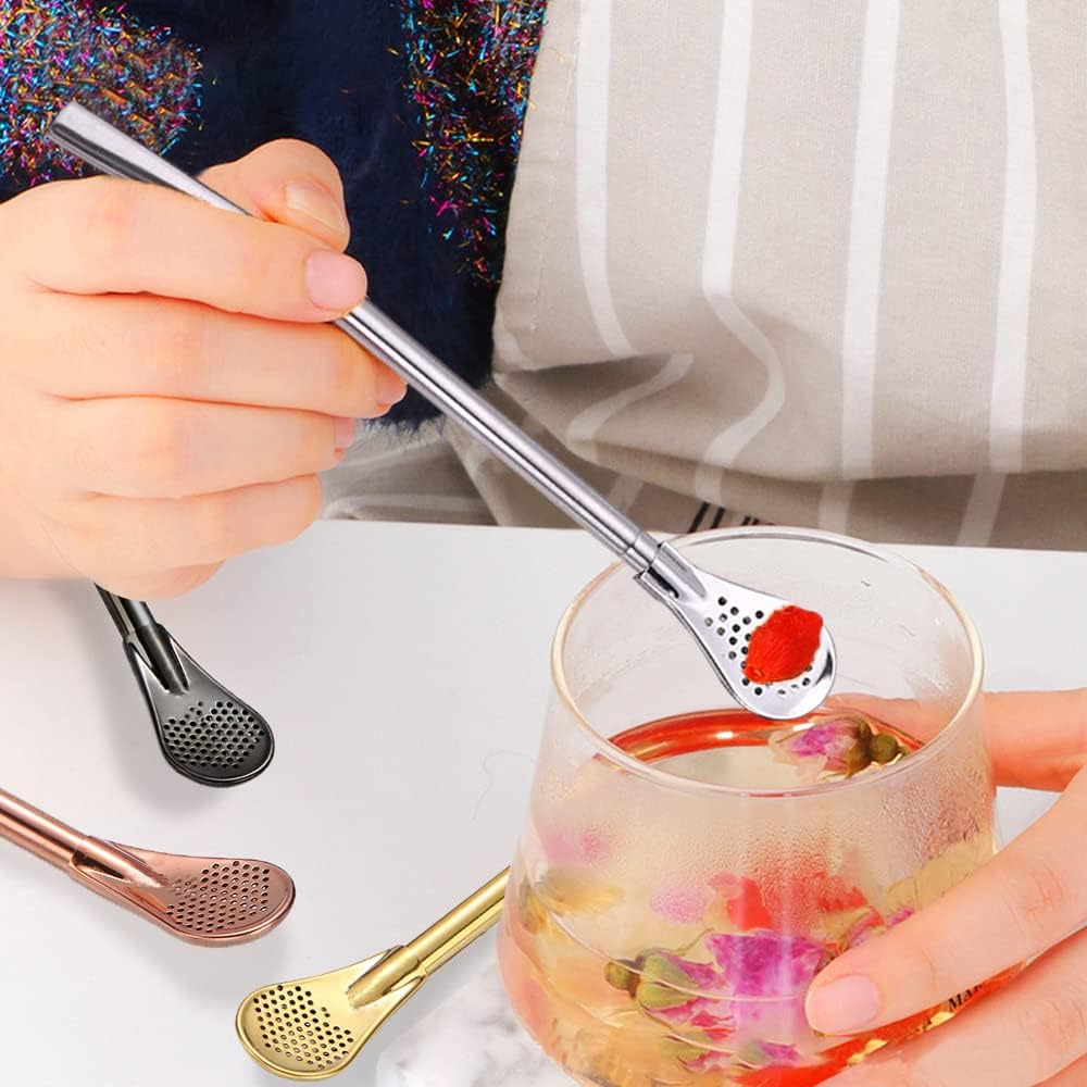 2Pcs Removable Stainless Steel Straw Filter Spoon with 2 Cleaning Brush, Reble Metal Straw Spoon Cocktail Stirrer for Drinking Loose Tea, Ice Coffee,