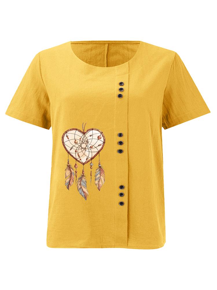 Women's Fashion Love Feather Print Shot Sleeve T-shirt Loose Cotton Shirt Casual Loose Summer Blouse Tops Plus Size