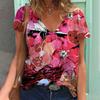 Summer Loose T-shirt 3D Printed Short Sleeved Retro Floral Top Women's V-neck Loose Casual Tee Shirts