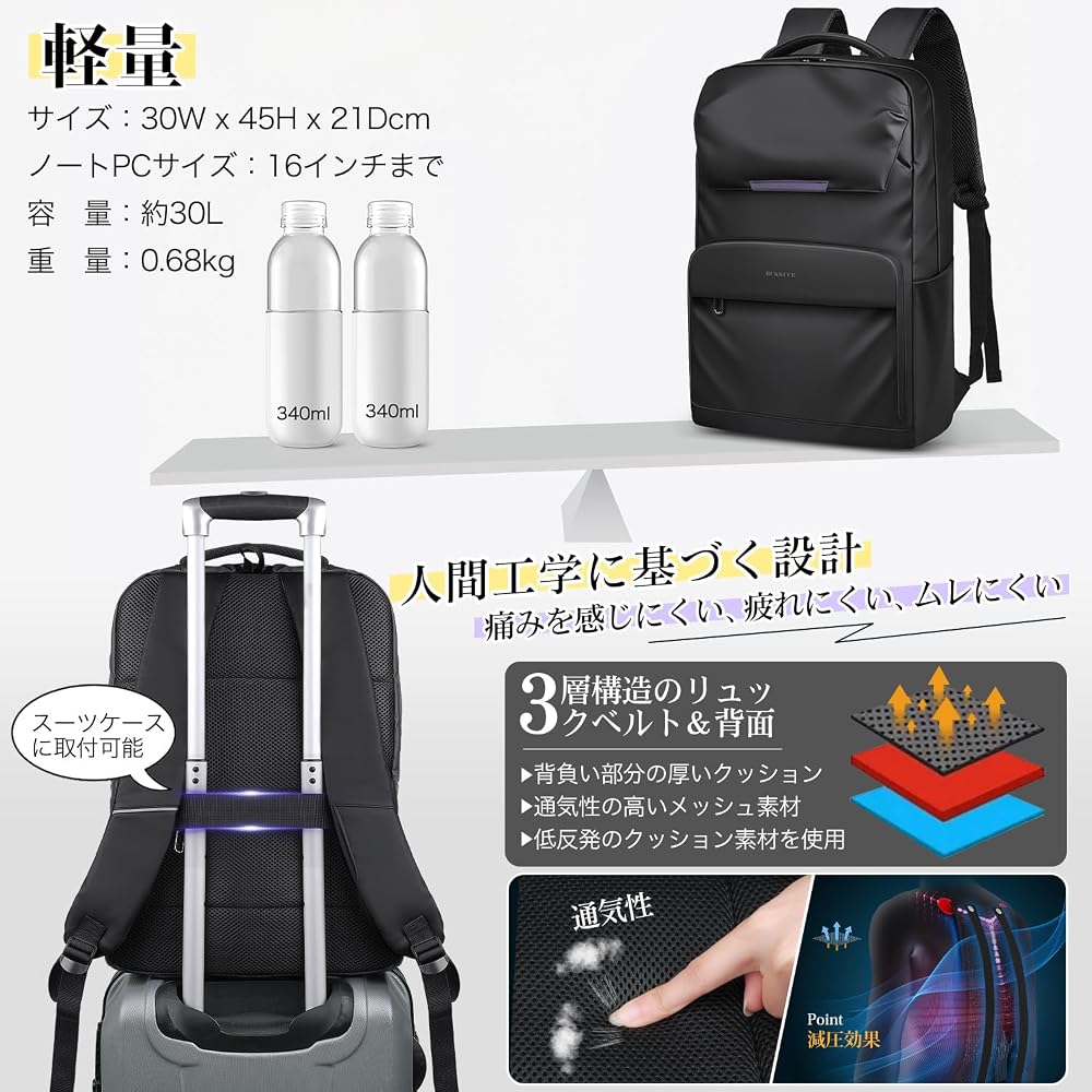 BUKKUUE Men's Large Capacity Business Backpack, Waterproof, Fits 15-6 inch Laptops, Lightweight,