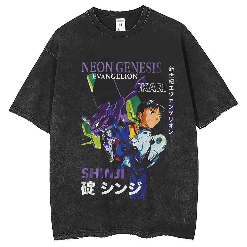 Неон Genesis Evangelion EVA Аниме Печатная Футболка Мужская и Женская Стиранная Футболка Высококачественная Винтажная Хлопковая Футболка