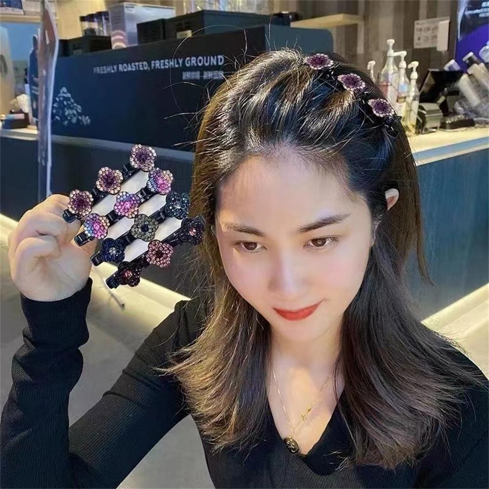 Sparkling Crystal Stone Braided Hair Clips 3 Flower Hair Accessory For Women Girls Rhinestone Braid Hairpins Sweet Hair Decorate