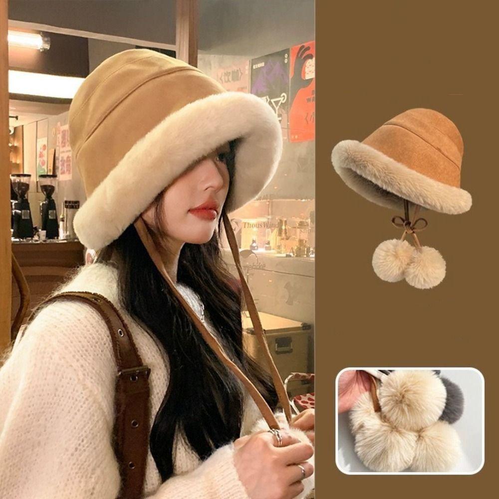 Autumn Winter Women's Plush Hat Ethnic Style Ear Protection Hat Fluffy Fur Bucket Hat Girls